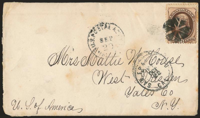 10c Brown (161).> Tied by bold strike of circle of wedges, <U.S. Postal Agcy., Shanghai, Nov. 27> circular datestamp on cover to West Dresden N.Y., neat San Francisco Cal. Oct. 22 double-circle datestamp,
slight edgewear and few toned spots, oth