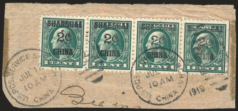 2c on 1c Offices in China (K1).> Horizontal strip of four, tied by U.S. Pos. Service, Shanghai, China, Jul. 12, 1919 duplex on piece, right stamps with <dry print> of surcharge, piece with some light wear, Very
Fine, unusual with the dry printing o