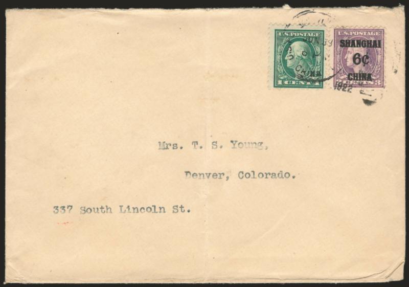 6c on 3c Offices in China (K3).> Tied by U.S. Pos. Service, Shanghai, China, Jun. 31, 1922 duplex datestamp and <used with U.S. 1c Green (498)> which is also tied by the marking, on cover to Denver Col.,
vertical file fold well clear of stamps, Ver