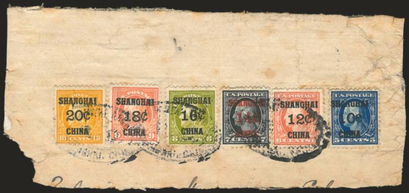 10c-20c Offices in China (K5-K10).> Tied by U.S. Postal Agency, Shanghai, China, R.D. handstamp on linen-backed piece, few flaws incl. toned spots and 12c small tear at top, otherwise Fine, impressive
franking