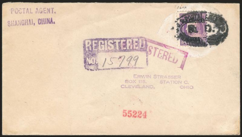 $1.00 on 50c Offices in China (K15).> Tied by bold strike of U.S. Postal Agency, Shanghai, China, R.D. handstamp on registered cover to Cleveland O., purple Oct. 24, 1922 origin datestamp, Chicago and receiving
backstamps, some staining around stam