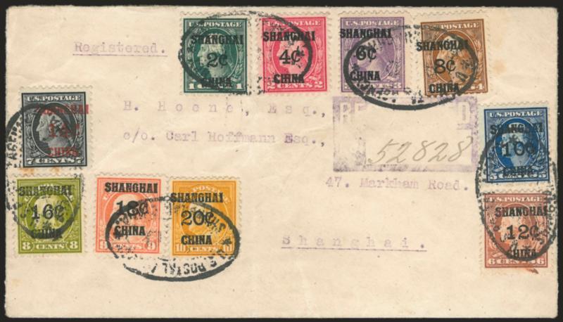 2c-20c Offices in China (K1-K10).> Rich colors, tied by bold strikes of U.S. Postal Agency * Shanghai, China * R.D. oval registry handstamp on <registered> 1919 cover to local address, purple Oct. 25 origin and
Oct. 27 receiving backstamps, some ov