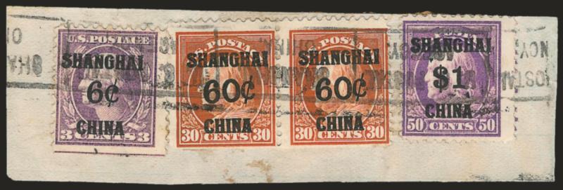 6c, 60c, $1.00 Office in China (K3, K14-K15).> Horizontal pair of 60c, tied by U.S. Postal Agency, Shanghai, China roller cancel on piece, few light toned specks, Very Fine, scarce franking combination