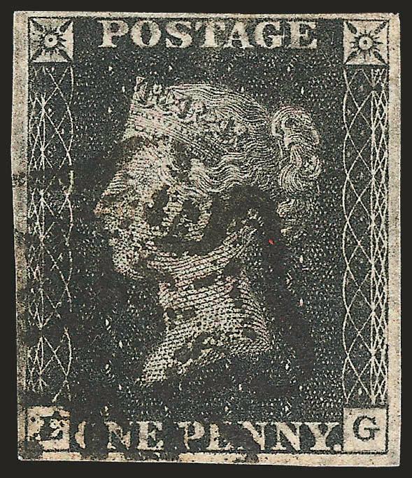 GREAT BRITAIN, 1840, 1p Black (1 SG 2). Plate 11,> LG, large margins to ample, bright shade, neat strike of Maltese Cross cancel, Very Fine, a rare stamp from Plate 11, Scott Catalogue does not distinguish
between the plates, SG £4,000