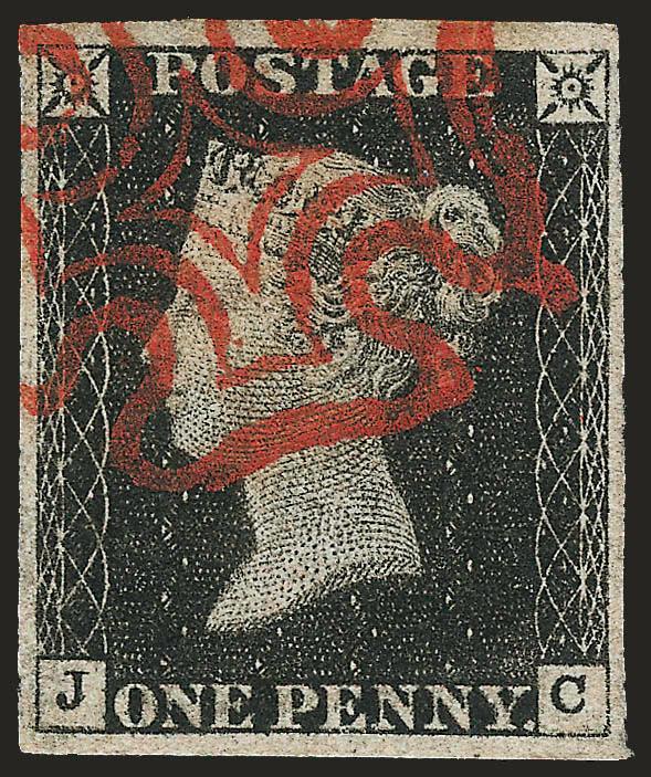GREAT BRITAIN, 1840, 1p Black (1 SG 2).> JC, large and even margins, intense shade, neat strike of red Maltese Cross cancel, Very Fine and choice, SG £375