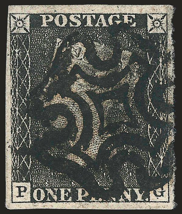 GREAT BRITAIN, 1840, 1p Grey Black (1 SG 3).> PG, large margins to full, neat strike of Maltese Cross cancel, bright shade, small thin spot, Very Fine appearance, SG £400