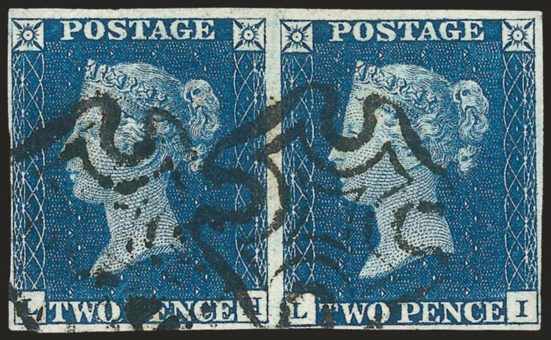 GREAT BRITAIN, 1840, 1p Black, 2p Blue (1-2 SG 2, 5).> Horizontal pairs, lettered M-FM-G and L-HLI with red and black Maltese Cross cancels respectively, strong colors, Fine-Very Fine, SG £1,900 as used
singles