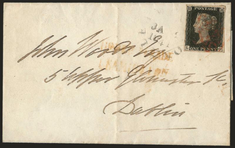 GREAT BRITAIN, 1840, 1p Black (1 SG 2).> LG, large margins to clear, tied by red Maltese Cross, light strike of Jan. 2, 1841 circular datestamp on folded letter to Dublin, light vertical file fold, Very Fine,
SG £550