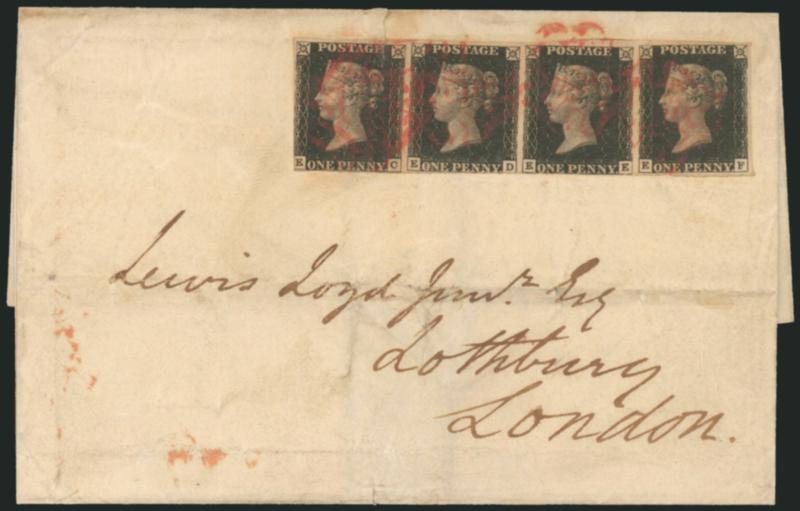 GREAT BRITAIN, 1840, 1p Black (1 SG 2).> Horizontal strip of four, lettered EC-EF, very large margins to slightly cut in, tied by red Maltese Cross cancels on folded cover to London, red Nov. 1840 backstamp
from Manchester, pos. 1 tear at top and po