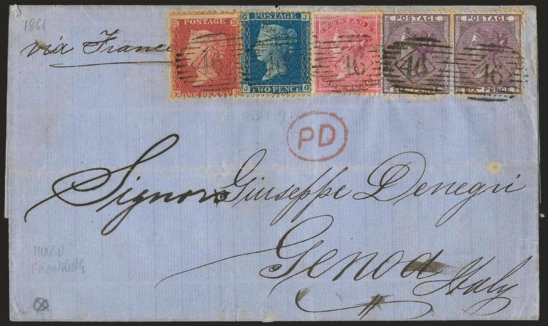 GREAT BRITAIN, 1857-58, 1p Rose, 4p Rose, 6p Lilac, 2p Blue (20, 26, 27 pair, 29 SG 39, 45, 66, 69).> Tied by 46 in grid on blue 1861 folded cover <to Genoa, Italy,> red PD in oval handstamp, blue London NO-21
61 and receiving backstamps, ligh