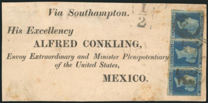 GREAT BRITAIN, Covers to Mexico.> Three items, first bears horizontal strip of three of 2p Blue on cut-out from printed matter wrapper with printed address second is 1858 folded letter bearing two 1sh, 2p and
1p stamps from Glasgow to Mexico last b