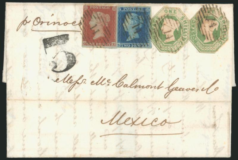 GREAT BRITAIN, Cover to Mexico.> Folded letter bearing two 1sh embossed (cut to shape) with 1p and 2p stamps, tied by 14 in grid, AU 1, 1853 backstamp, endorsed <<pr Orinoco>> and with bold 5 due marking,
horizontal file fold well away from s