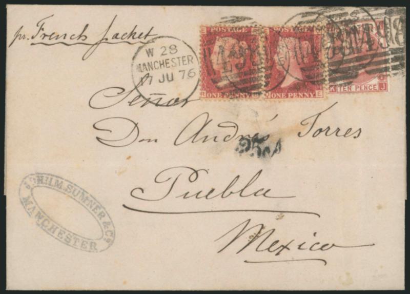 GREAT BRITAIN, Cover to Mexico.> Folded cover bearing two 1p and 10p stamps tied by Manchester 17 JU 76 duplex cancels to Puebla, Mexico, neat 25cs handstamp for postage due, endorsed <<pr French packet>>,
stamps barely affected by light horizo