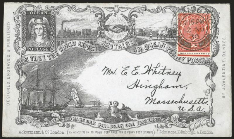 GREAT BRITAIN, Ocean Penny Postage.> State 5a of James Valentines design with 25 adhesive or 30 plain sent free for 12 penny post stamps imprint at bottom, bearing King George V 3-12p tied by Boston Lincs 12 NO
30 circular datestamp to Hingham