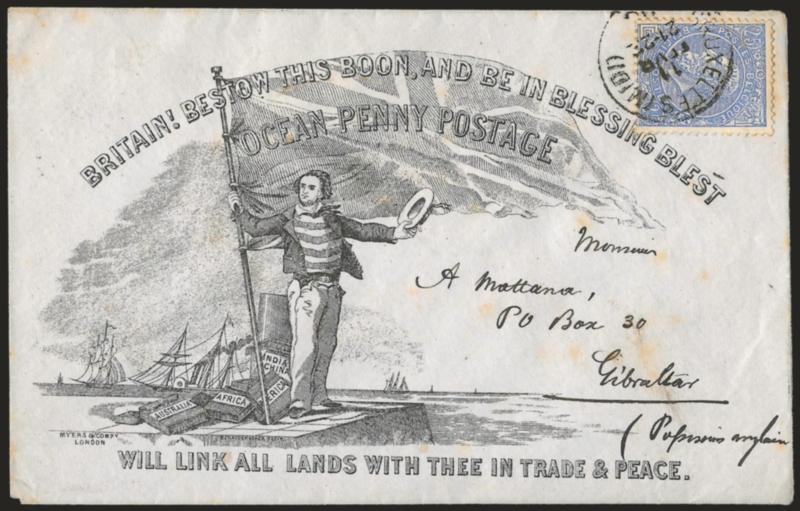 GREAT BRITAIN, Ocean Penny Postage.> Deraedemaeker reprint with his imprint towards bottom, with Myers imprint at lower left, State 1, bearing elgium, 1893, 25c Ultramarine> stamp tied by Bruxelles 11 Fevr.
circular datestamp and addressed <to Gi
