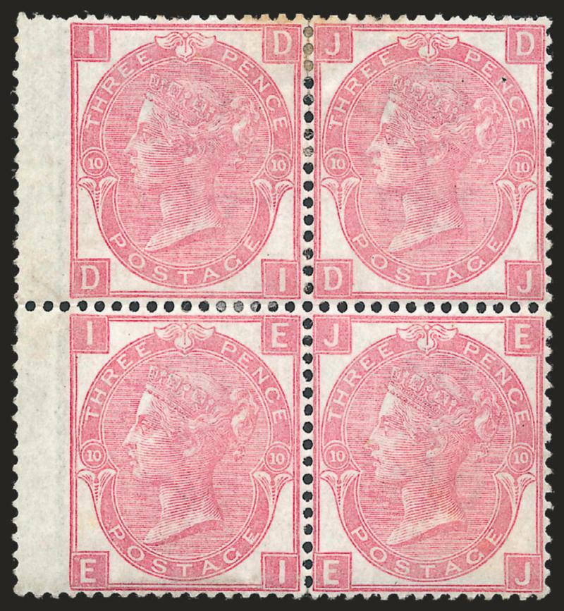 GREAT BRITAIN, 1867-80, 3p Rose, Plate 10 (49 SG 103).> Block of four with wing margin at left, from <Plate 10,> choice centering, small reinforcement at top, some very trivial toning, otherwise Extremely Fine,
SG £3,000 as four singles