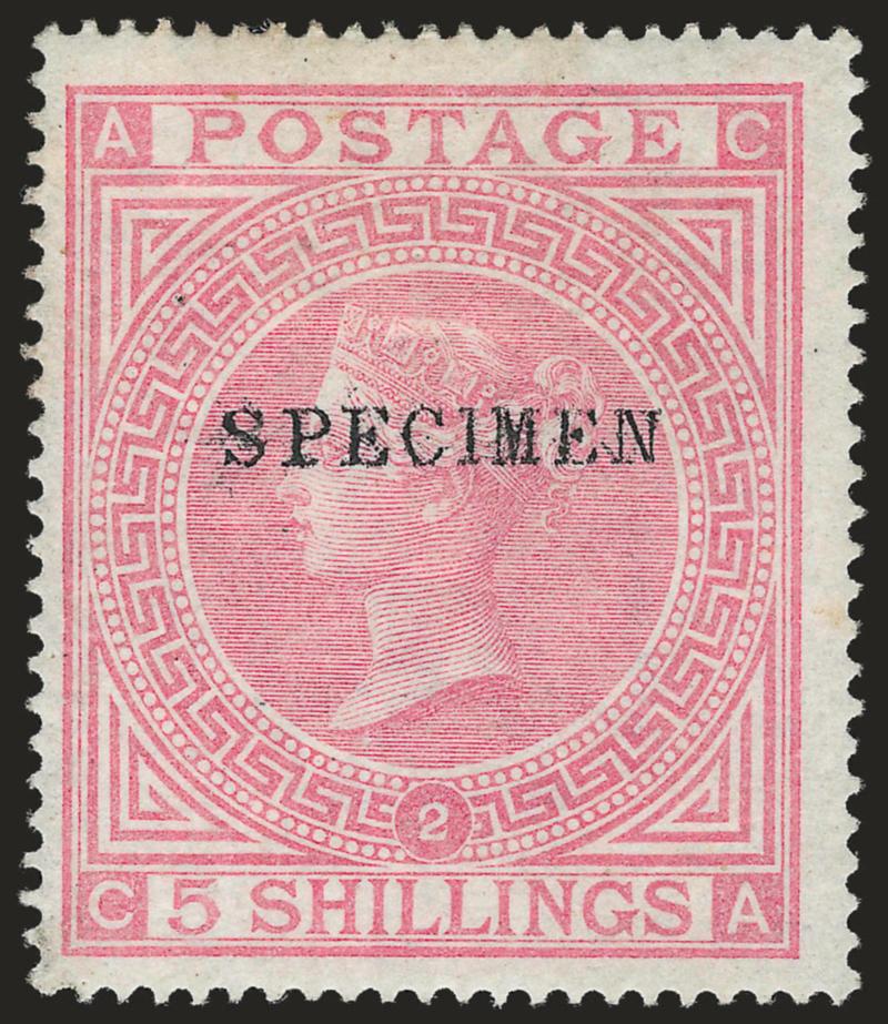 GREAT BRITAIN, 1867, 5sh Pale Rose, Specimen Ovpt. (57aS SG 127S).> Plate 2, original gum, Fine, unlisted in Scott or Gibbons