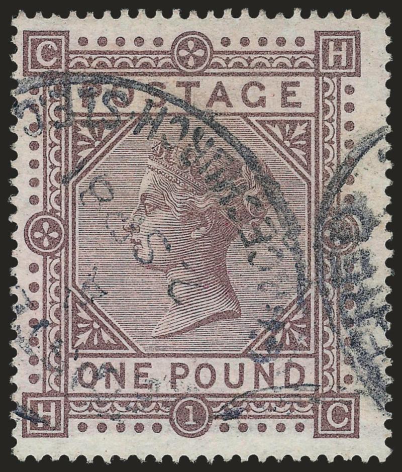 GREAT BRITAIN, 1878, £1 Brown Lilac (75 SG 129).> Neat strike of Gracechurch 2 SP 81 oval handstamp, centered slightly to left but with three wide and balanced margins<><>^VERY FINE. A SCARCE AND DESIRABLE
SOUND USED EXAMPLE OF THE £1 QUEEN VICT