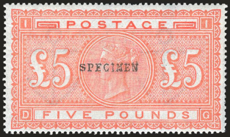GREAT BRITAIN, 1882, £5 Bright Orange, Specimen Ovpt. (93S SG 137S).> Original gum, barest trace of hinging, radiant color, Very Fine and choice