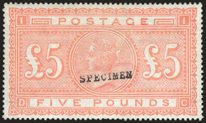GREAT BRITAIN, 1882, £5 Orange on Bluish Paper, Specimen Ovpt. (93aS SG 133S).> Original gum, small h.r., radiant color, well-balanced margins<><>^VERY FINE. AN ATTRACTIVE ORIGINAL-GUM EXAMPLE OF THE £5
VICTORIA WITH LARGE ANCHOR WATERMARK ON BLUI