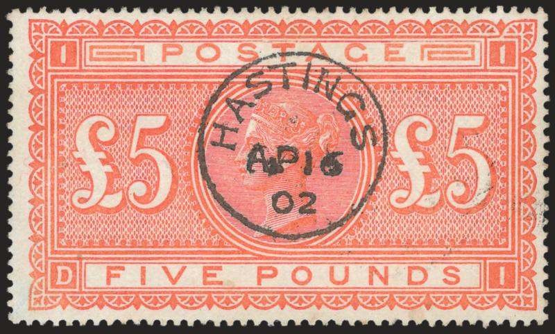 GREAT BRITAIN, 1882, £5 Orange (93 SG 137).> Well-centered, marvelous bright color, bold centrally struck Hastings AP 16 02 circular datestamp<><>^VERY FINE. A DIFFICULT RARE STAMP TO FIND THIS NICE AND WITH
SUCH A NEAT CANCELLATION.^<><>Prosc