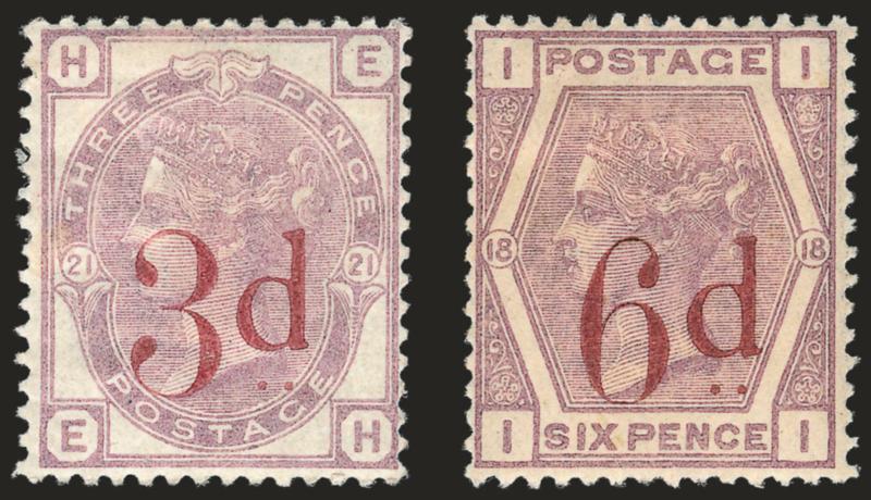 GREAT BRITAIN, 1883, 3p on 3p Violet, 6p on 6p Violet (94-95 SG 159, 162).> Original gum, h.r., bright colors, Fine-Very Fine, SG £1,050