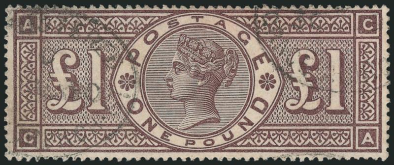 GREAT BRITAIN, 1884, £1 Brown Violet (110 SG 185).> Rich color, face-free central vignette flanked by light registry oval handstamps, Fine, SG £2,400