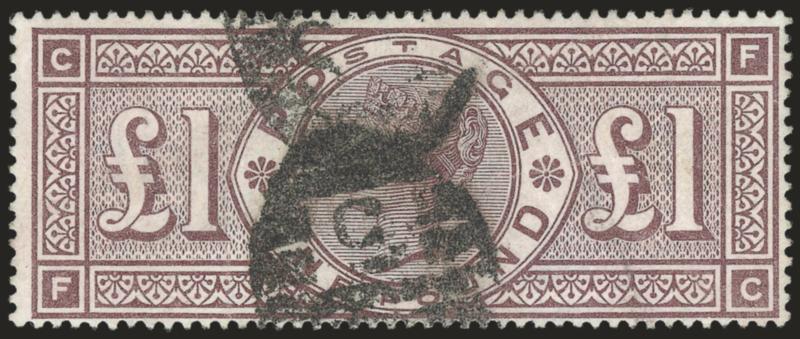 GREAT BRITAIN, 1891, £1 Brown Violet (123 SG 186).> Neat strikes of 5 in barred oval cancel, faint natural paper wrinkle at top right, Fine, SG £3,800