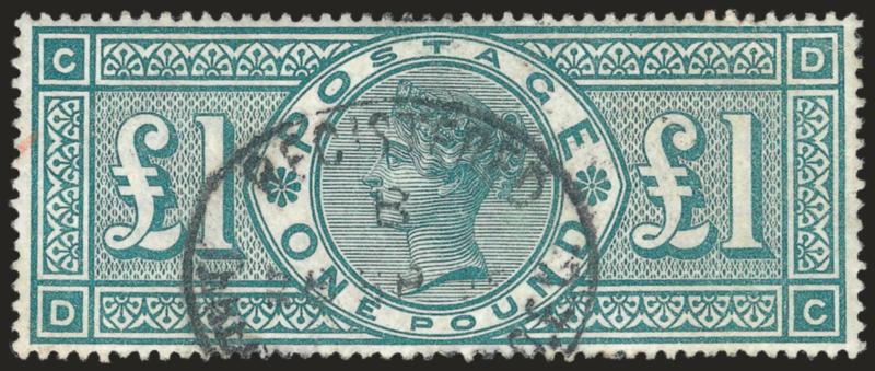 GREAT BRITAIN, 1891, £1 Green (124 SG 212).> Neat strike of oval registered cancel, trace of red cancel at left, rich color, well-balanced margins, Extremely Fine, SG £700