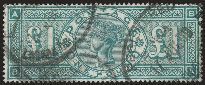 GREAT BRITAIN, 1891, £1 Green (124 SG 212).> Three neat strikes of Registered cancel, well-balanced margins, Very Fine and choice, SG £700