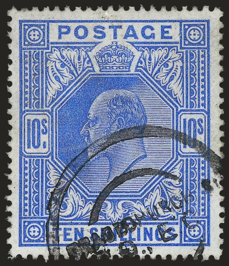GREAT BRITAIN, 1902, 10sh Ultramarine (141 SG 265).> Wonderfully warm color on bright paper, neat strike of double-circle datestamp, Very Fine and choice, SG £450