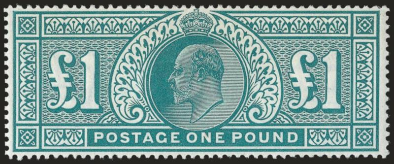 GREAT BRITAIN, 1902, £1 Green (142 SG 266).> Original gum, very lightly hinged, radiant color, fresh and Very Fine, SG £2,000