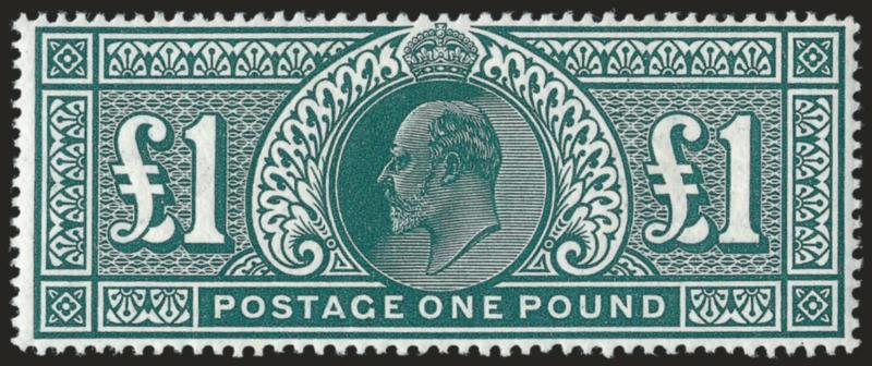 GREAT BRITAIN, 1902, £1 Green (142 SG 266).> Original gum, barely hinged, intense shade and impression on bright paper, Very Fine, SG £2,000