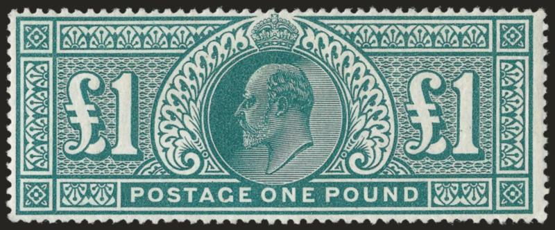 GREAT BRITAIN, 1902, £1 Green (142 SG 266).> Original gum, small h.r., fresh and Very Fine, signed in pencil, SG £2,000