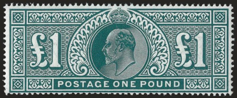 GREAT BRITAIN, 1902, £1 Green (142 SG 266).> Single hinge mark at bottom, intense shade, Fine, SG £2,000