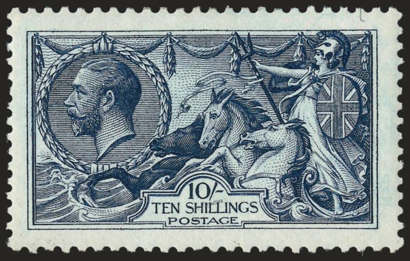 GREAT BRITAIN, 1913, 10sh Indigo Blue, Seahorse (175 SG 402).> Waterlow printing, original gum, rich color, choice centering with wide margins, tiny extraneous ink mark in value tablet at bottom, Extremely
Fine, SG £950