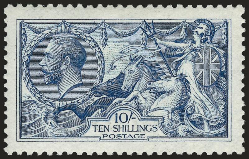 GREAT BRITAIN, 1913, 10sh Light Blue, Seahorse (175a SG 413).> De La Rue printing, original gum, very lightly hinged, brilliant color, choice centering with wide and balanced margins, Extremely Fine, SG
£2,800