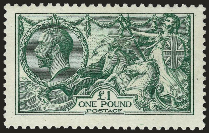 GREAT BRITAIN, 1913, £1 Green, Seahorse (176 SG 403).> Waterlow printing, original gum, bright color, Very Fine, SG £2,800