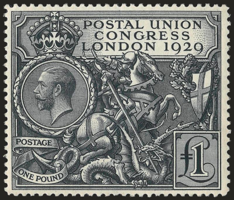 GREAT BRITAIN, 1929, £1 Black, Postal Congress (209 SG 438).> Original gum, lightly hinged, tiny corner perf crease at top left, Very Fine appearance, SG £750
