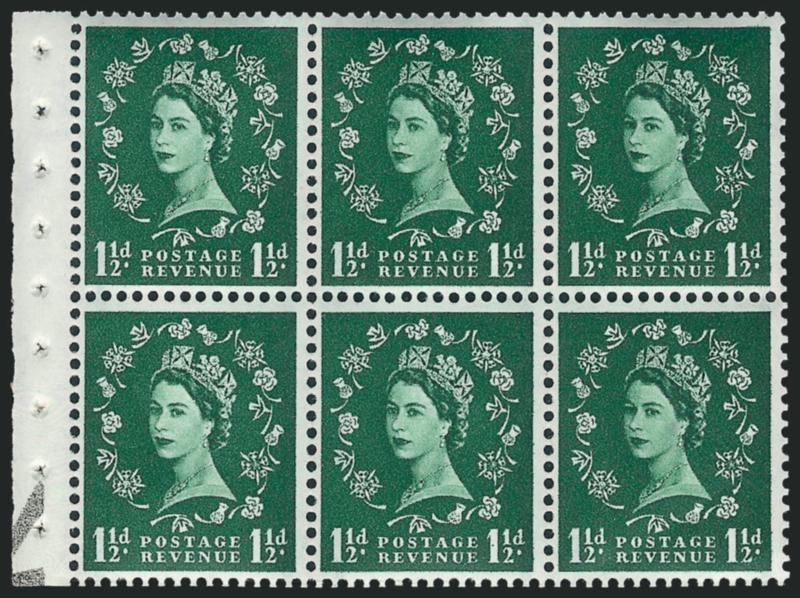 GREAT BRITAIN, 1959, 1-12p Queen Elizabeth, Booklet Pane of Six, Black Graphite Lines (355cd SG 589 var).> Mint N.H., rich color, Very Fine and choice, scarce