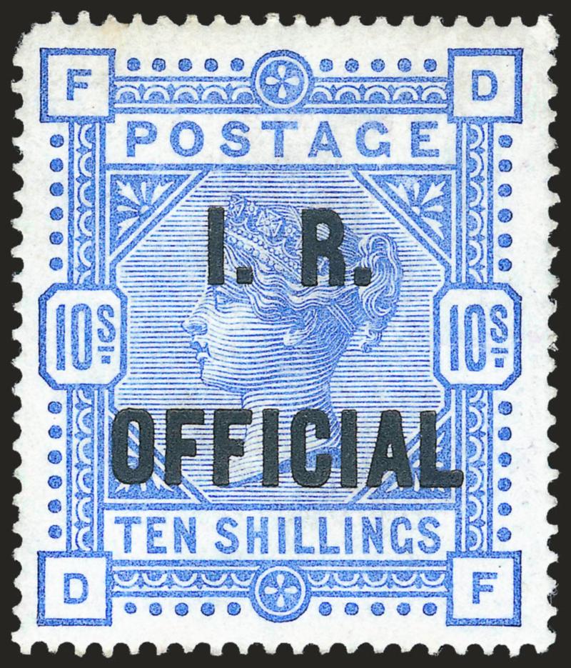 GREAT BRITAIN, 1882-85, 10sh Ultramarine, I.R. Official Ovpt. (O9 SG O10).> Original gum, h.r., fresh and bright, rounded top right corner, otherwise Very Fine, SG £8,500
