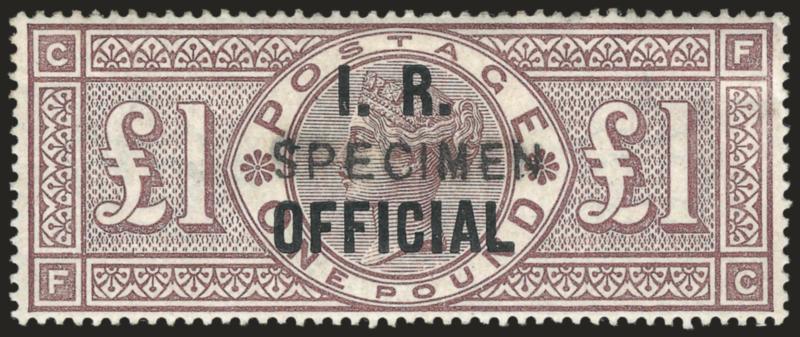 GREAT BRITAIN, 1885, £1 Brown Violet, Specimen Ovpt. (O10S SG O11S).> Original gum, small h.r., bright color<><>^VERY FINE. A SCARCE AND PRESENTABLE EXAMPLE OF THE £1 I.R. OFFICIAL WITH THREE CROWNS
WATERMARK.^<><>This issue is scarce in <<any>>