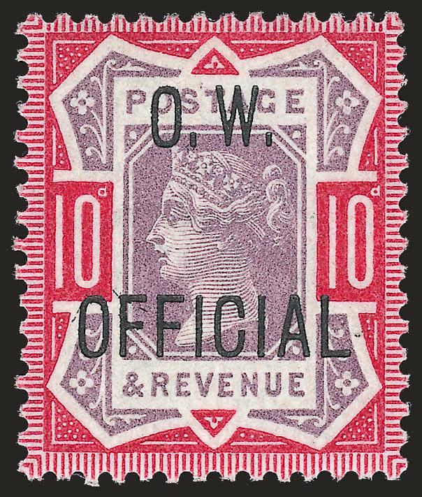 GREAT BRITAIN, 1902, 10p Carmine Rose & Lilac, O.W. Official (O48 SG O35).> Original gum, single small h.r., rich colors<><>^VERY FINE ORIGINAL-GUM EXAMPLE OF THE 1902 10-PENCE O.W. OFFICIAL ISSUE.^<><>SG
£4,800.