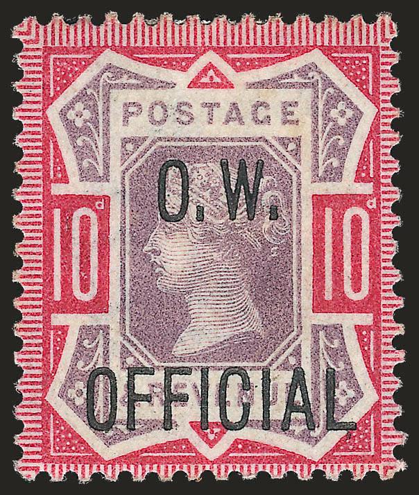 GREAT BRITAIN, 1902, 10p Carmine Rose & Lilac, O.W. Official (O48 SG O35).> Original gum, h.r., bright colors, few slightly toned spots on back, Fine appearance, two backstamps, SG £4,800