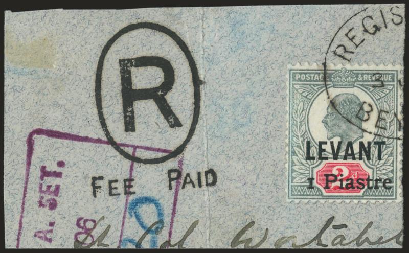 GREAT BRITAIN OFFICES IN LEVANT, 1906, 1pi on 2p Green & Carmine (25 SG 15).> Tied by oval registered datestamp on green piece with two other registry markings, the piece with vertical file fold well away from
the stamp, Very Fine, only 600 were iss