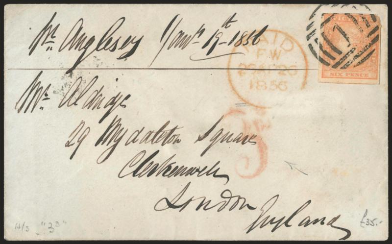 Anglesey.> Endorsement <<pr. Anglesey Jan. 19, 1856>> at top left of cover to London, bearing Victoria 6p tied by 1 in barred oval, Melbourne Victoria JA 19, 1856 backstamp, red 3d credit, April 26 arrival
datestamp, trivial soiling, Very Fin