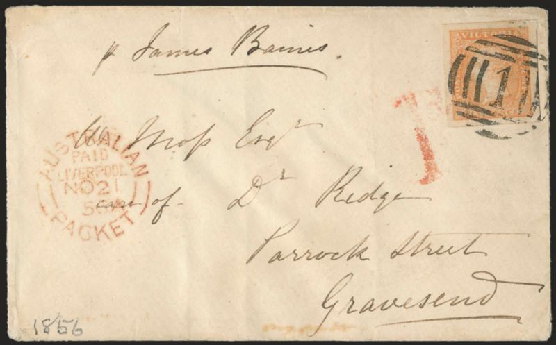 James Baines.> Endorsed <<p James Baines>> at top left of cover to Gravesend, England, bearing Victoria 6p tied by 1 in barred oval, Melbourne Victoria AU 5, 1856 and receiving backstamps, red Liverpool and 1d
handstamps, light vertical file
