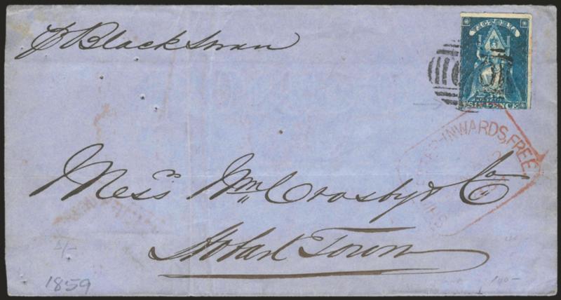 Black Susan.> Endorsed <<pr Black Susan>> at top left of blue folded cover to Tasmania, bearing Victoria 6p tied by barred oval and by red Ship Letter-Inwards, Free circular datestamp, red Ship Letter ? NO 21,
1859 diamond-shaped backstamp, lig