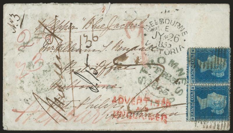 Blue Jacket.> Endorsement <<pr Blue Jacket>> at top left of cover to Melbourne, <missent,> forwarded to Hepburn and then returned to Melbourne where red <Advertised and Unclaimed> handstamp applied, bearing
pair of G.B. 2p Blue perforated, Sthom
