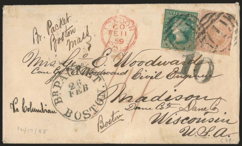 Columbian.> Endorsed <<Pr Columbian>> at left on cover to Madison Wis., bearing Victoria 2sh and 4p stamps tied by 1 in barred ovals, Melbourne DE 17, 1858 backstamp, red London transit, large Br. Packet Boston
26 Feb. datestamp and matching